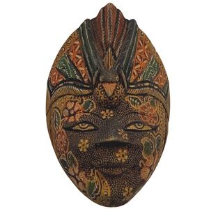 Vtg Hand Carved Wood Batik Mask Indonesian Balinese Wall Art Decor Floral